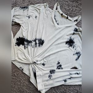 SHEIN White & Black Tie-Dye V-Neck Long Sleeve Top with Front Knot
